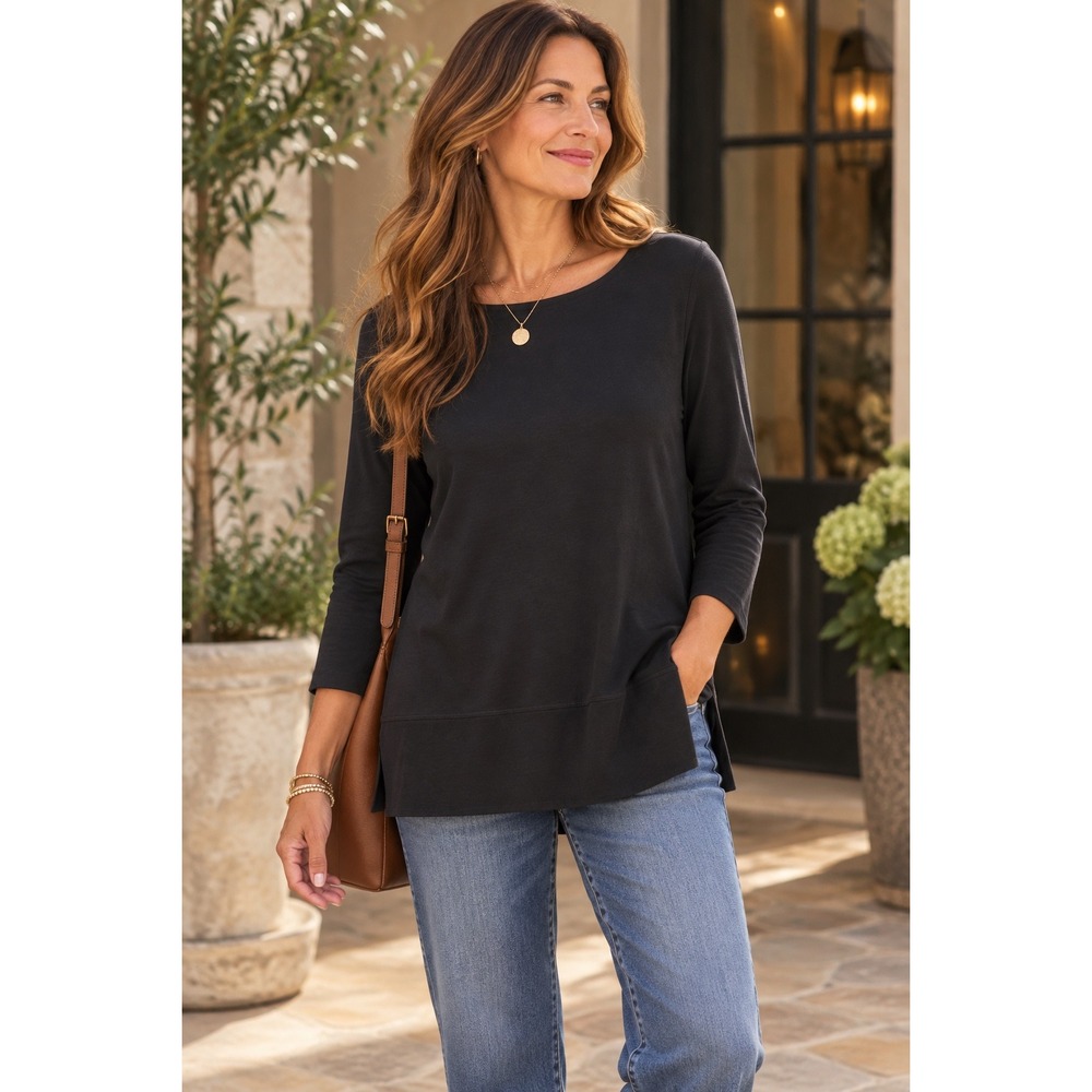 J. Jill Perfect Pima Cotton Long Sleeve Tunic Top Black Medium